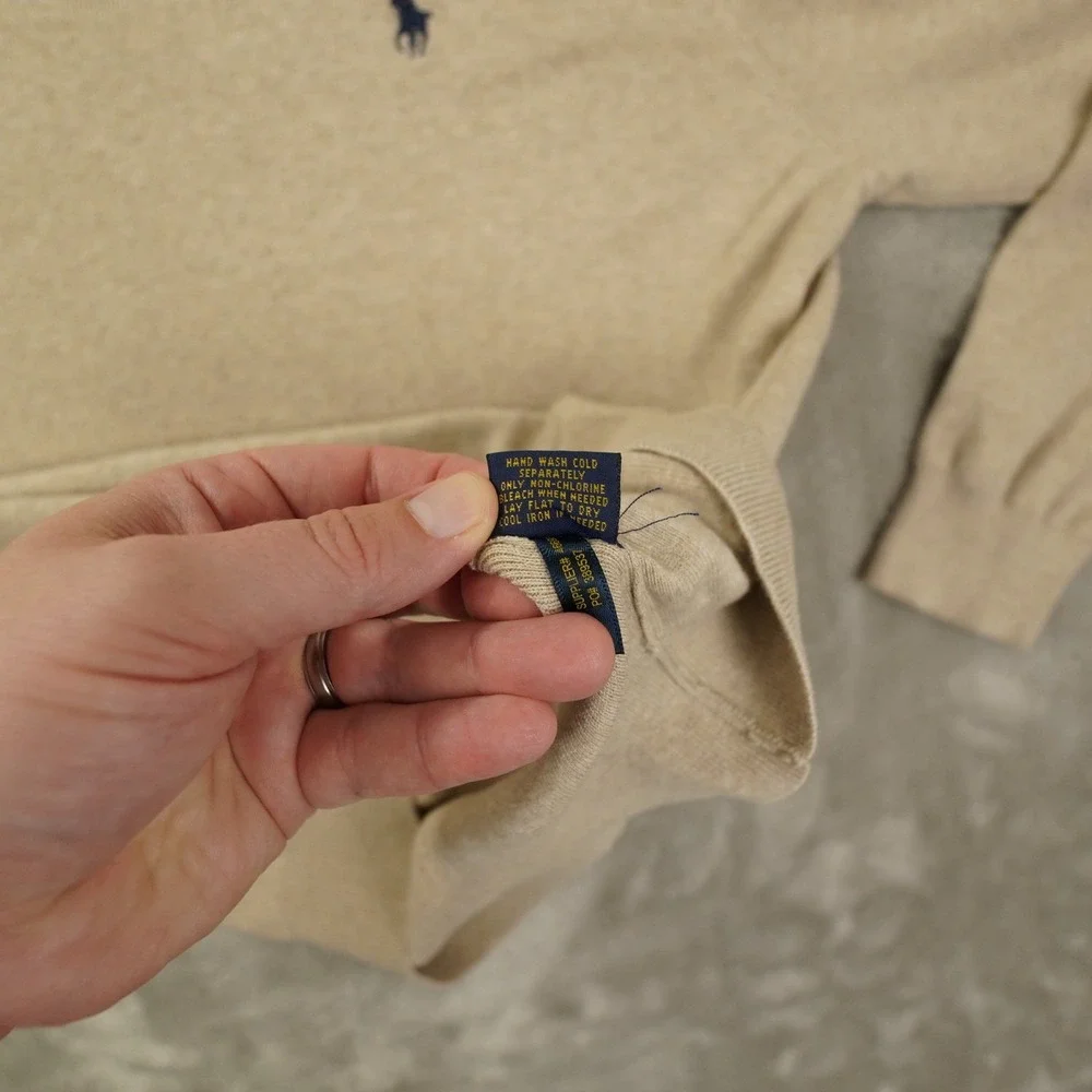 Polo Ralph Lauren Mens Large Beige Pima Cotton V Neck Sweater Pullover Logo